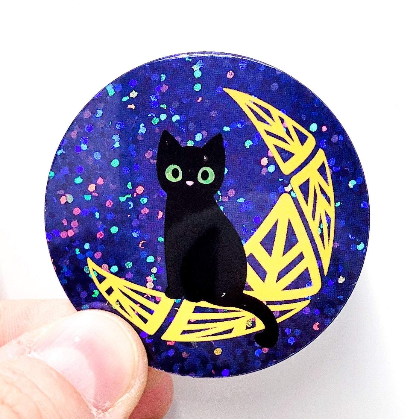 Moon Kitty Glitter Round Sticker – Green Leaf Geek