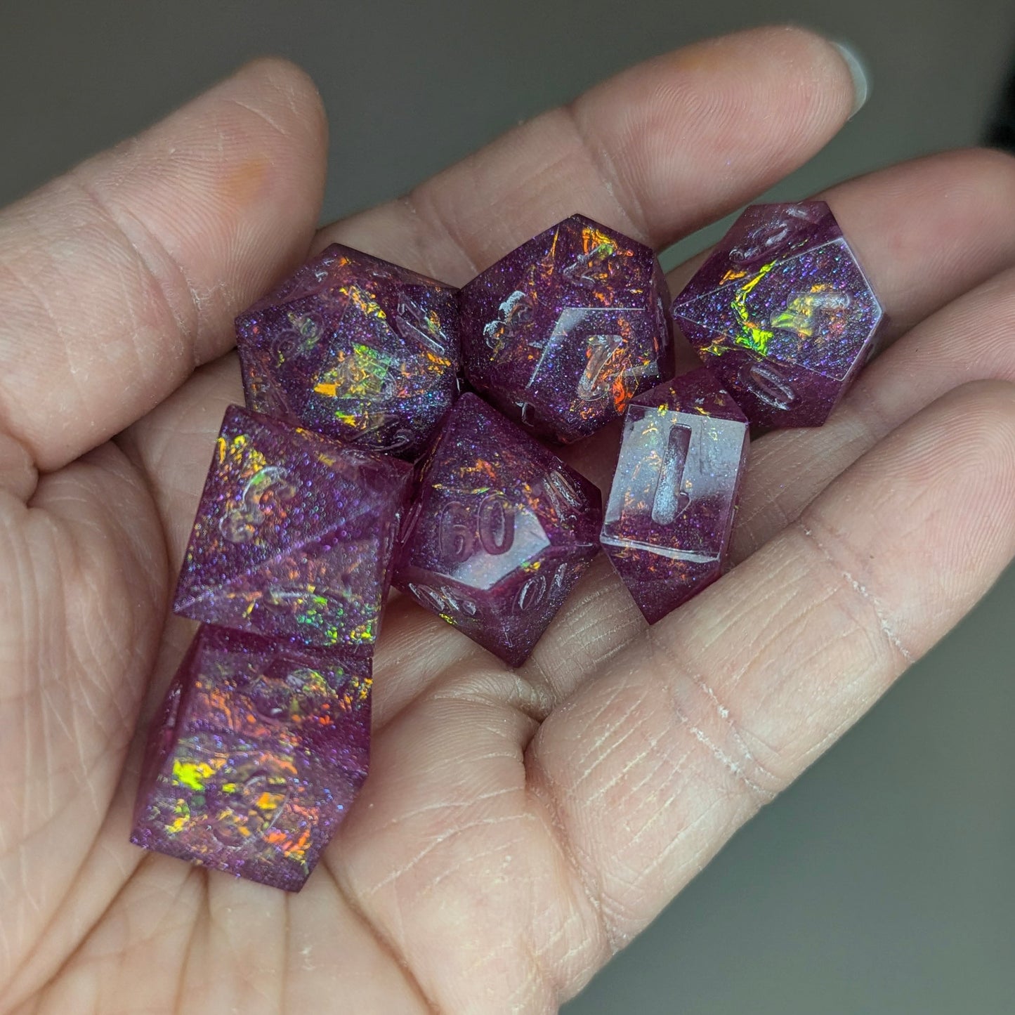 Bardic Inspiration - handmade sharp edge 7-piece dice set