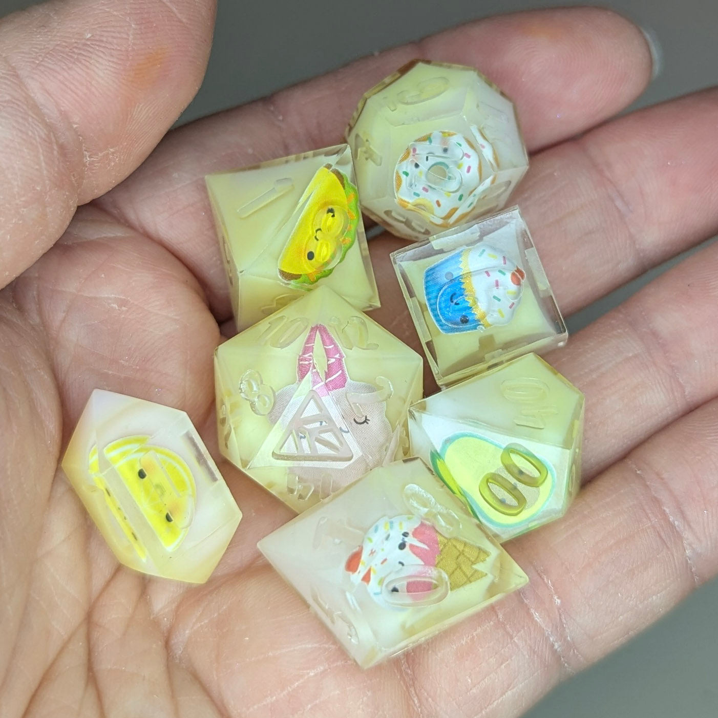 Snack Attack - handmade sharp edge 7-piece dice set