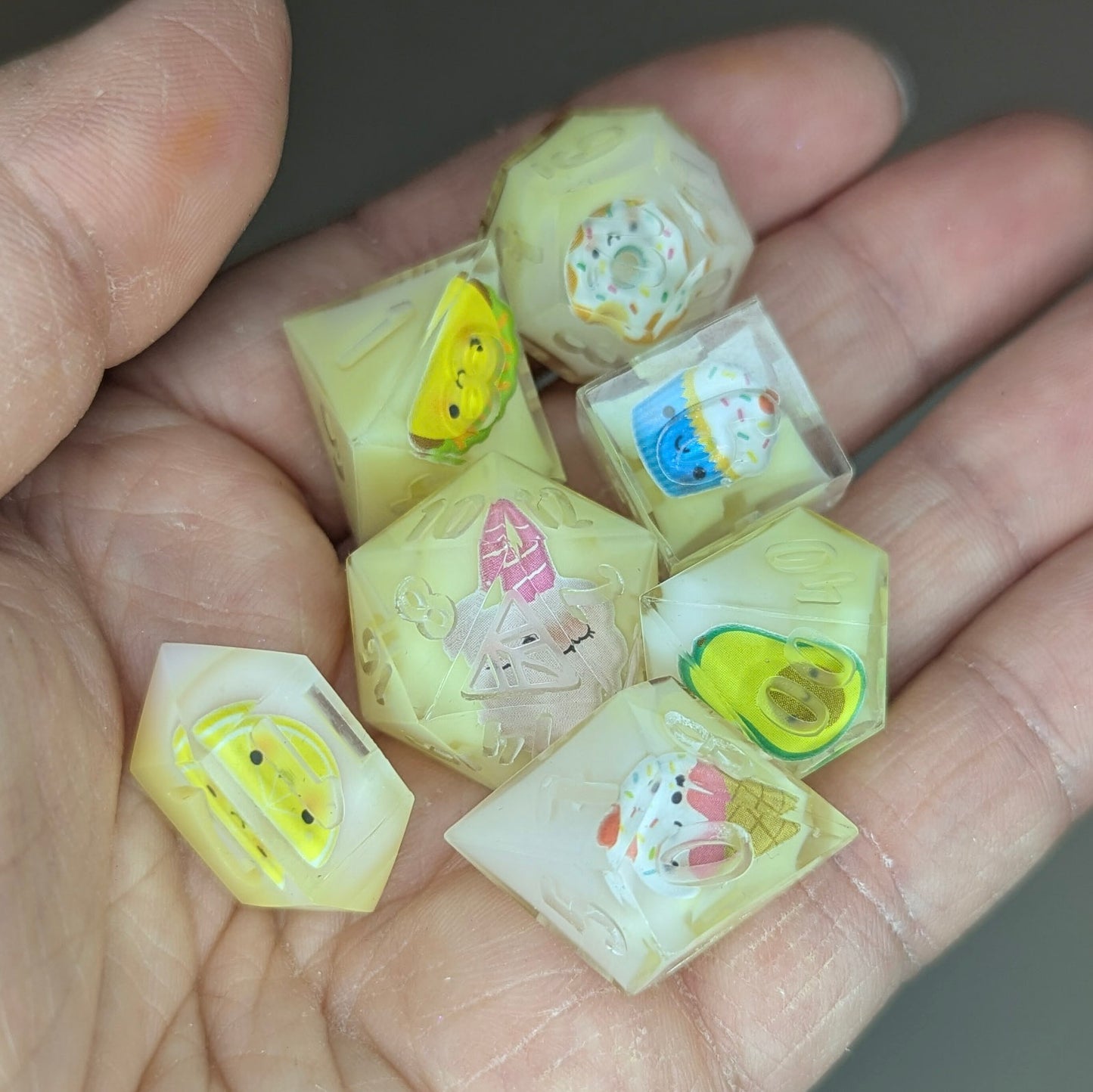 Snack Attack - handmade sharp edge 7-piece dice set