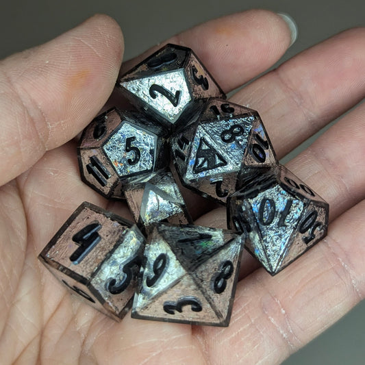 Dark Disco - handmade sharp edge 7-piece dice set