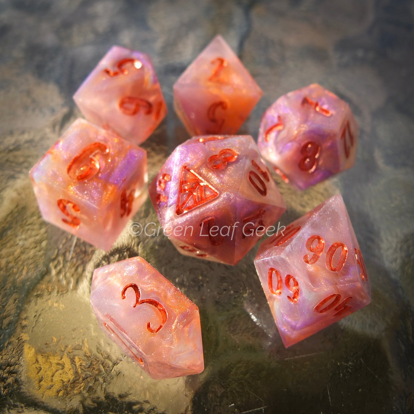 Summer Sunset - handmade sharp edge 7-piece dice set