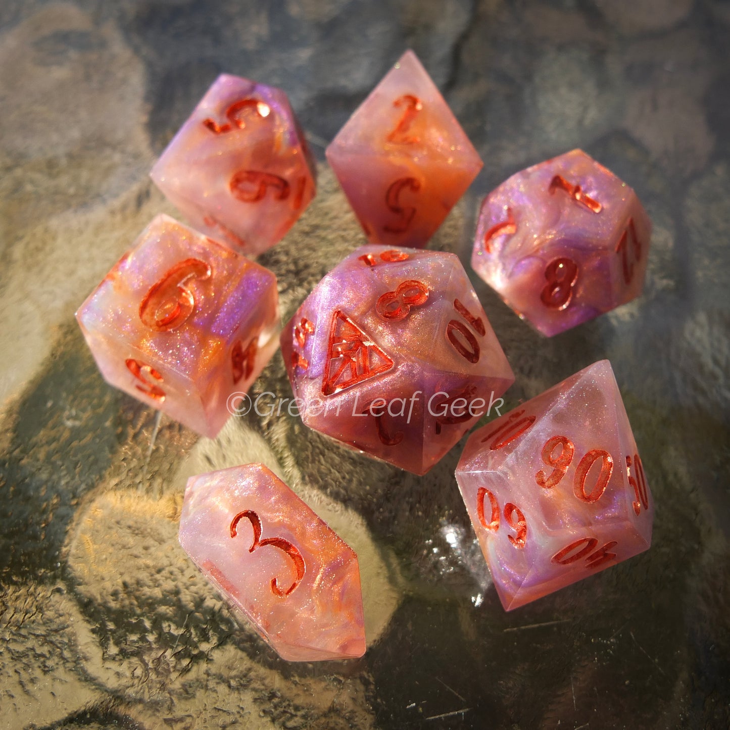 Summer Sunset - handmade sharp edge 7-piece dice set