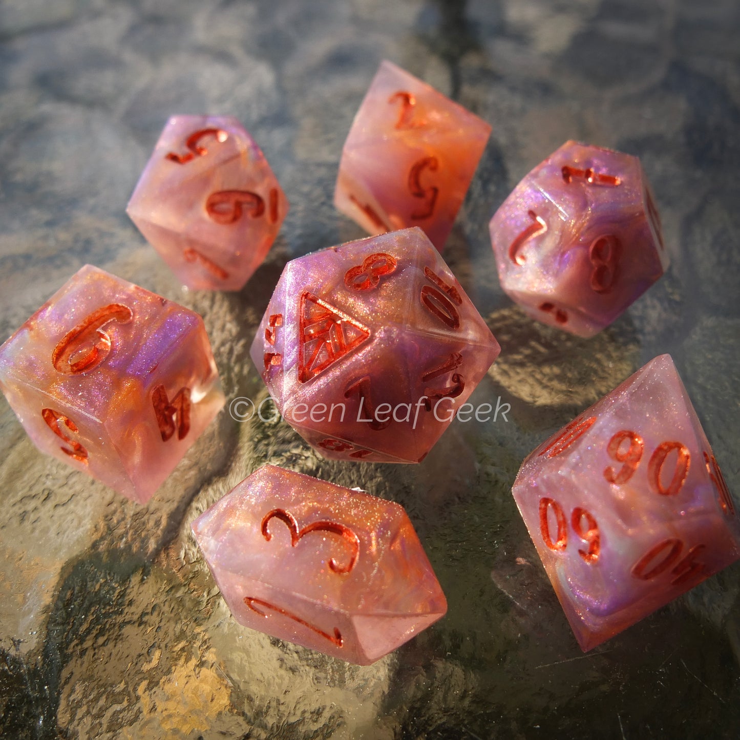 Summer Sunset - handmade sharp edge 7-piece dice set