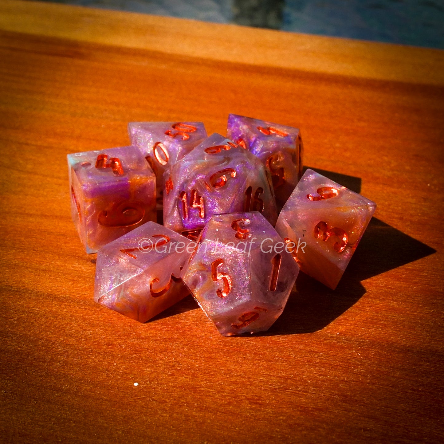 Summer Sunset - handmade sharp edge 7-piece dice set