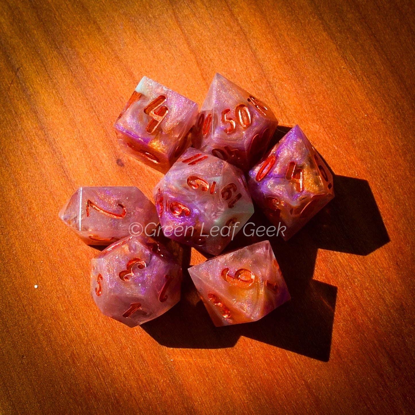 Summer Sunset - handmade sharp edge 7-piece dice set