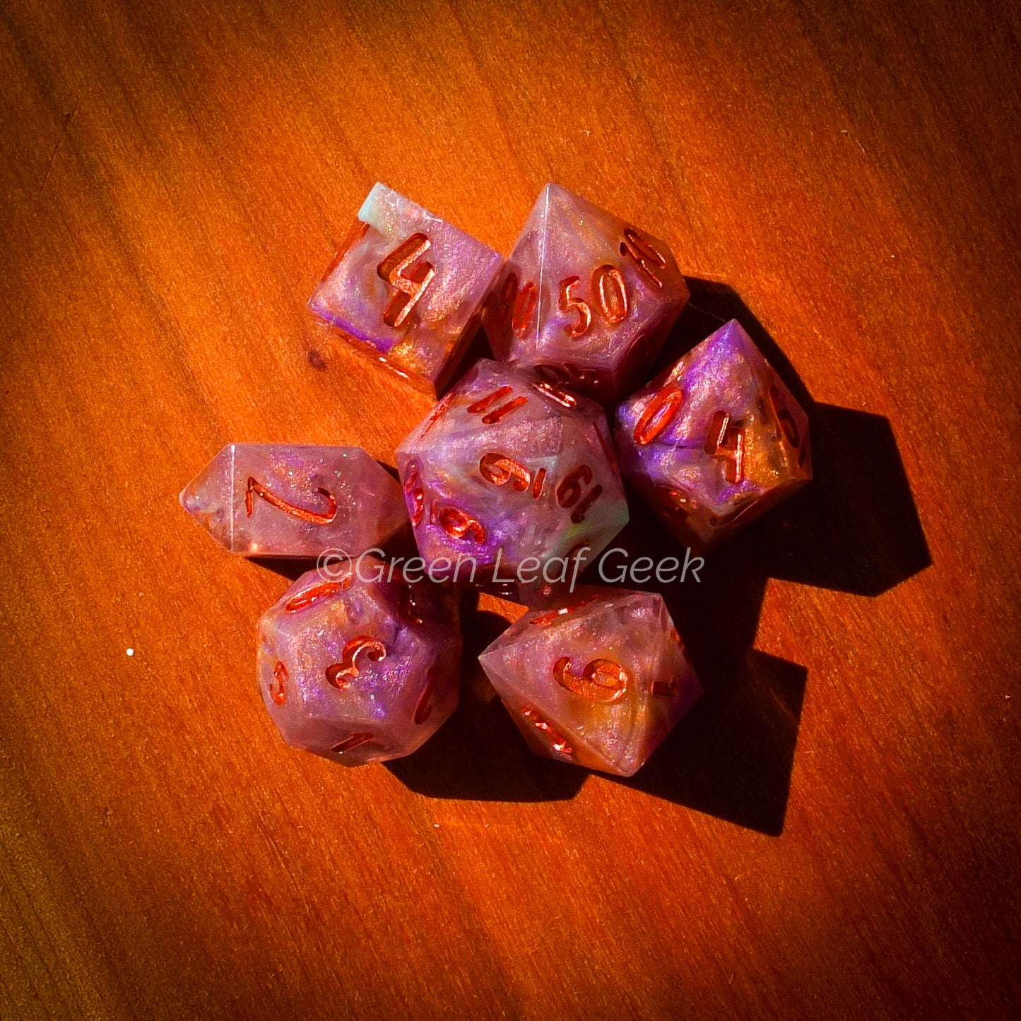 Summer Sunset - handmade sharp edge 7-piece dice set