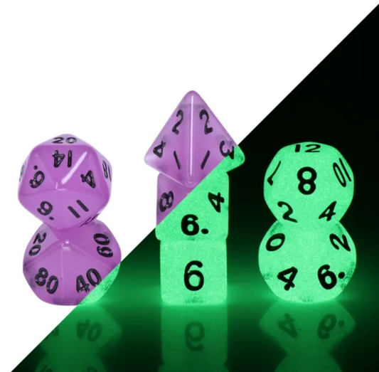 PREORDER Mini Grape Glow - Glow in the dark dice set - 7 piece RPG dice set
