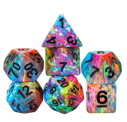 PREORDER Colour Spray - Rainbow splash dice set - 7 piece RPG dice set