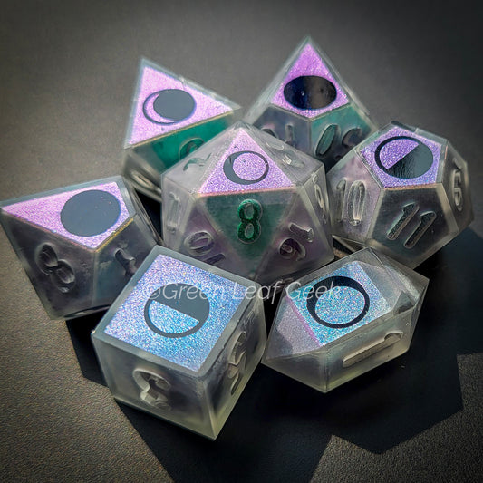 Moonstone Magic - choice of ink- handmade sharp edge 7-piece dice set