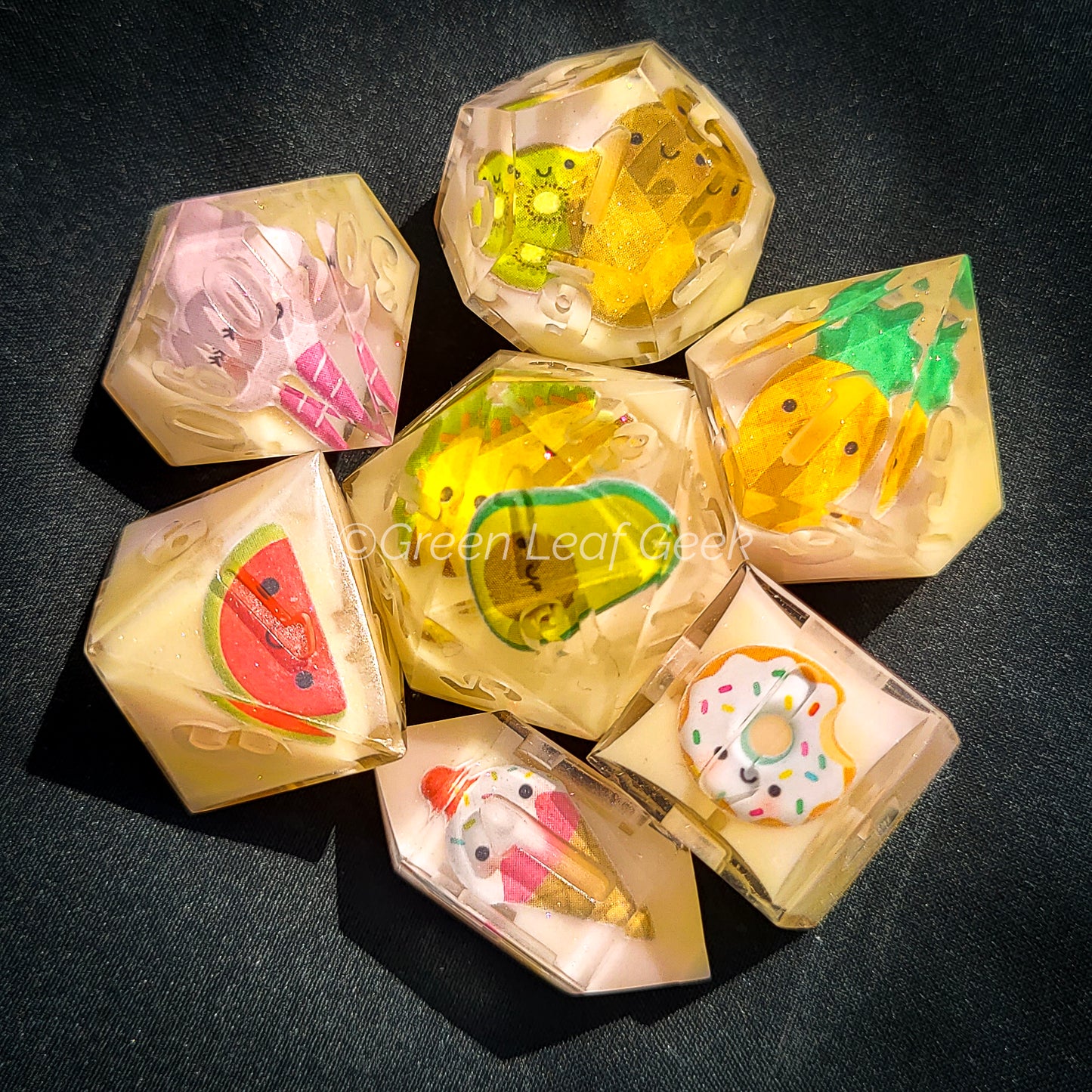 Snack Attack (yellow) - choice of ink- handmade sharp edge 7-piece dice set
