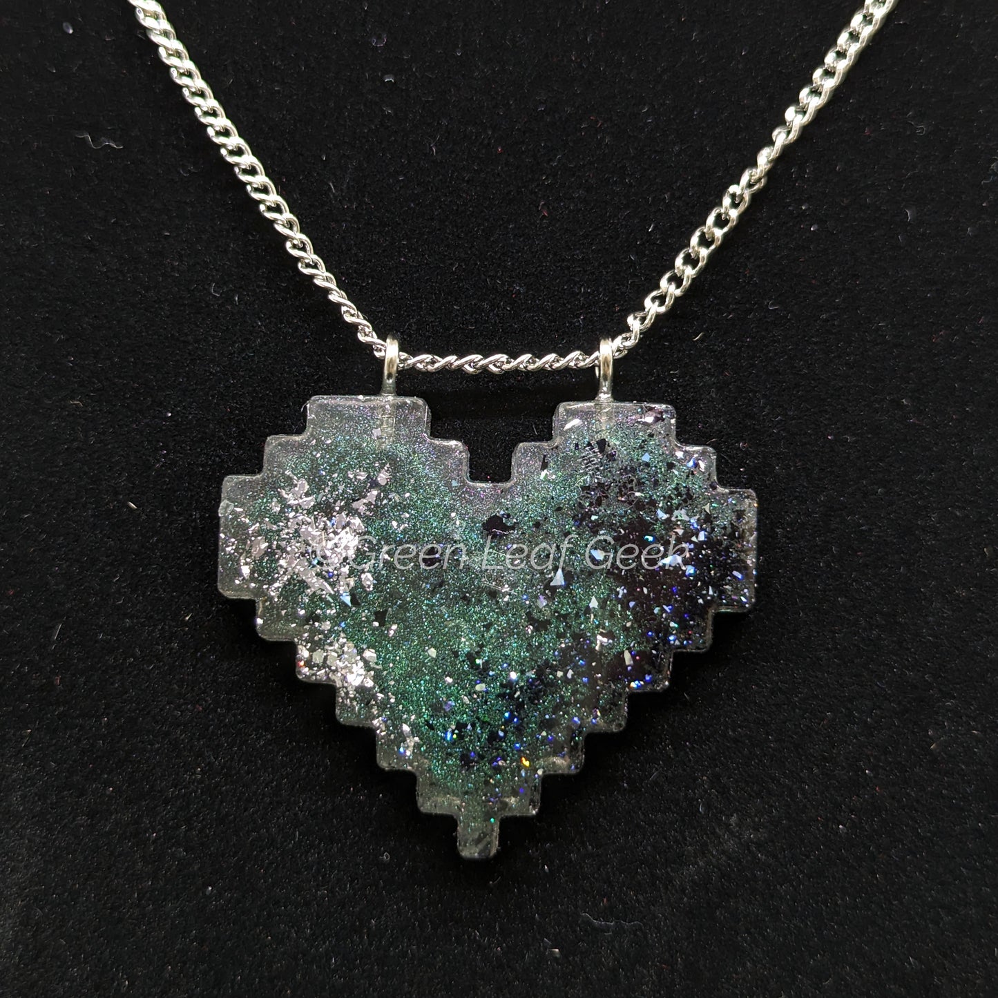 Handmade Pixel Heart Resin Pendant + chain