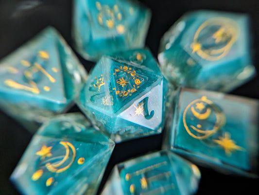 Starscape - handmade sharp edge 7-piece dice set
