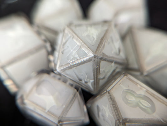 Selûne's Glow - glow in the dark handmade sharp edge 7-piece dice set