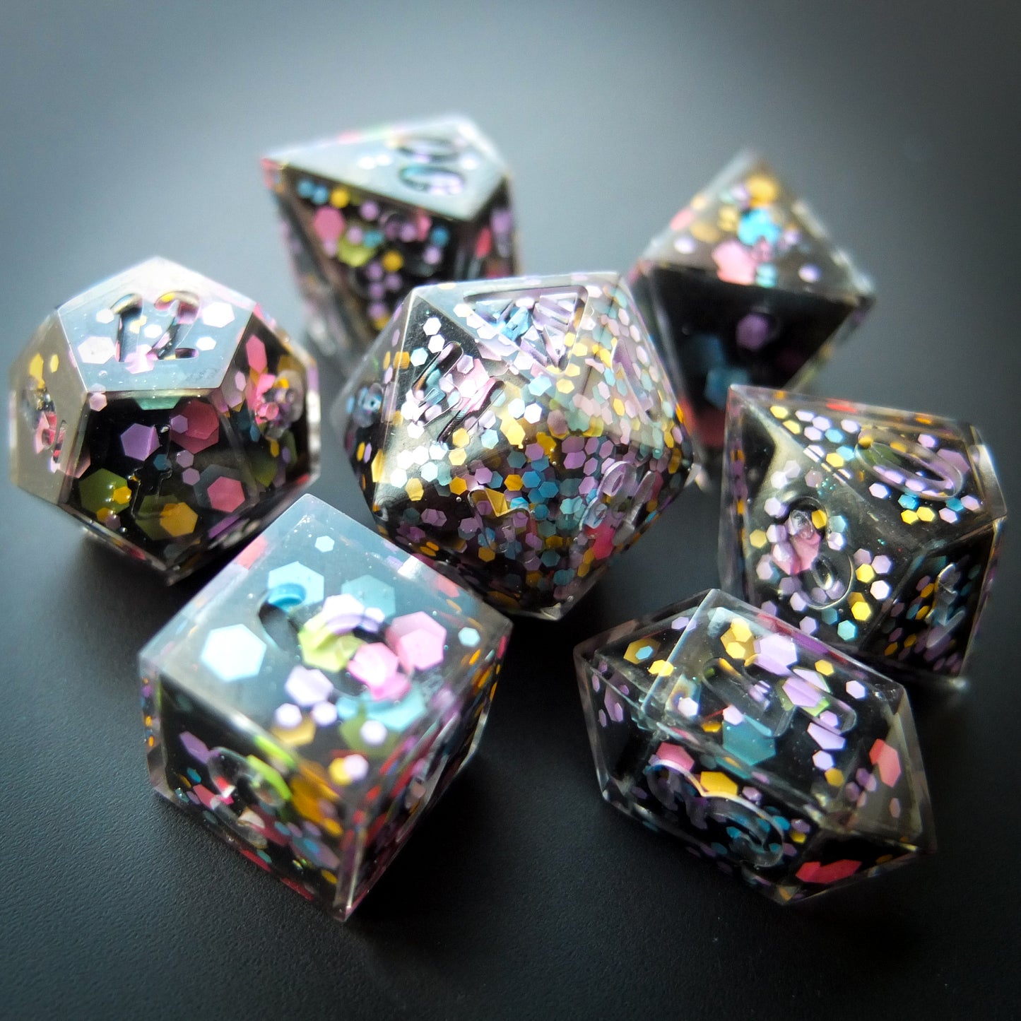 Bokeh Nights - choice of ink- handmade sharp edge 7-piece dice set