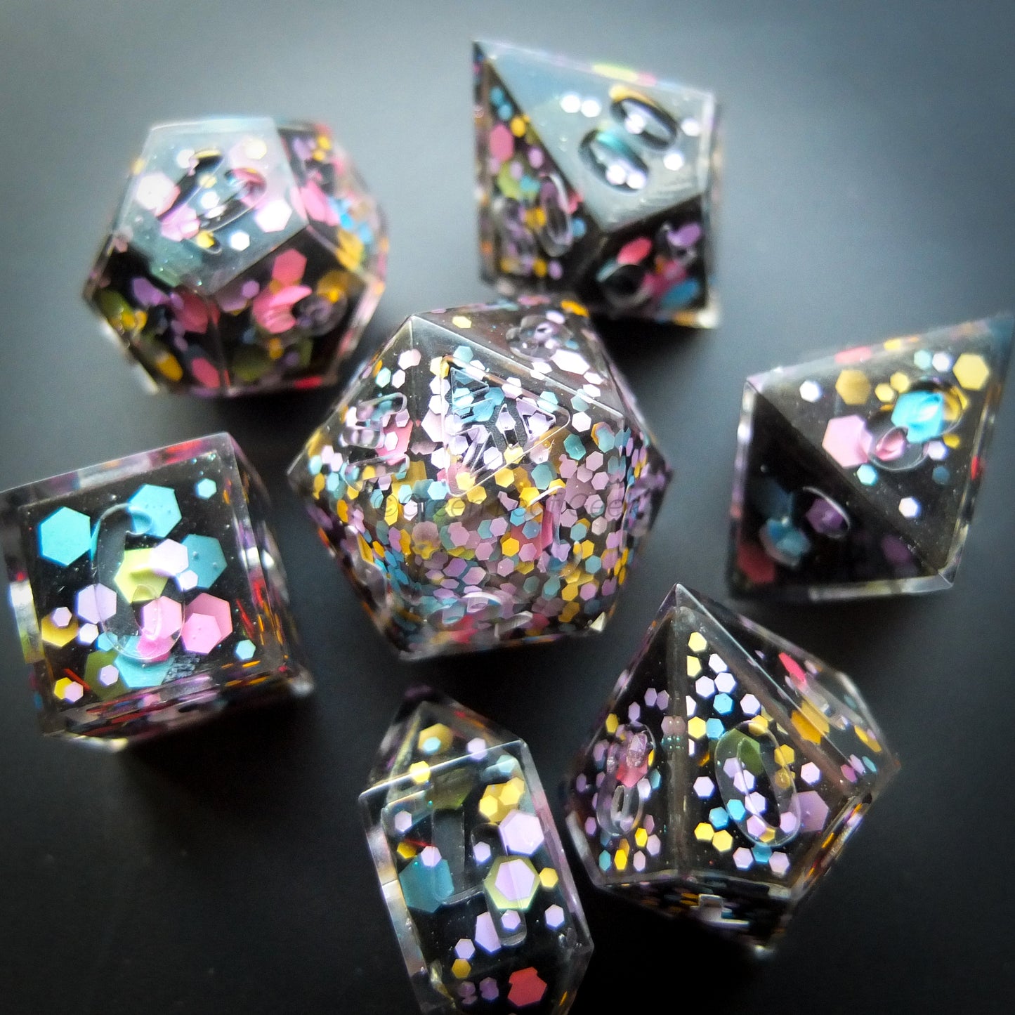 Bokeh Nights - choice of ink- handmade sharp edge 7-piece dice set
