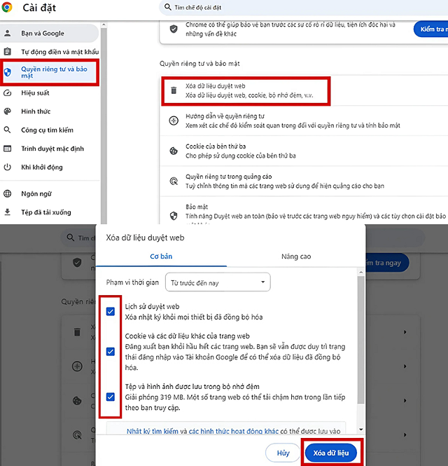 Xóa bộ nhớ cache và Cookies